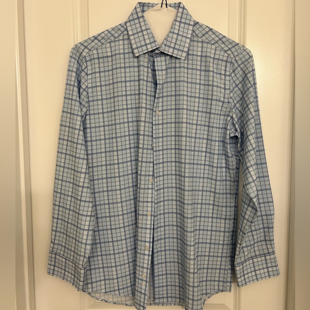Bill Blass Essentials Men’s Blue Check Long Sleeve Button-Up Dress Shirt Small